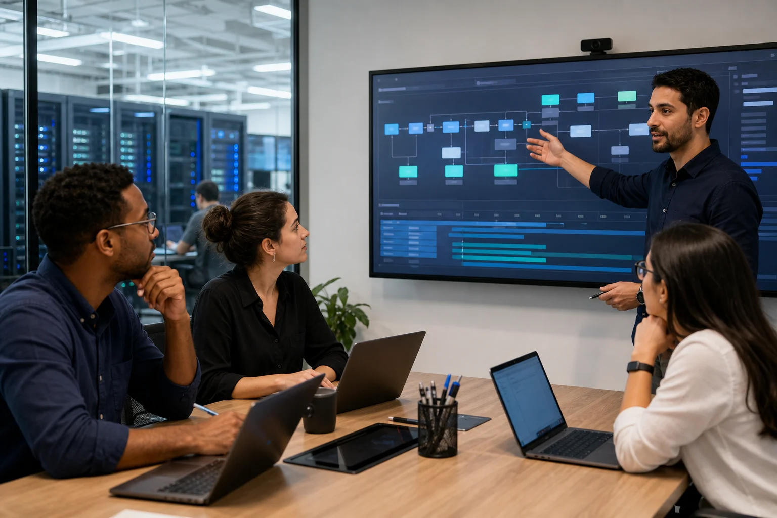 Especialistas conectando tecnologia, arquitetura e operação em um ambiente corporativo.