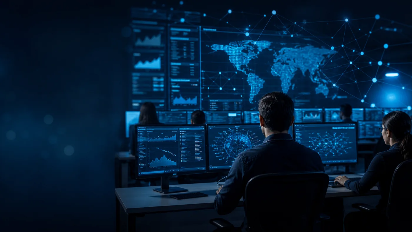 Operação de SOC com inteligência aplicada, correlação de sinais e especialistas acompanhando indicadores.